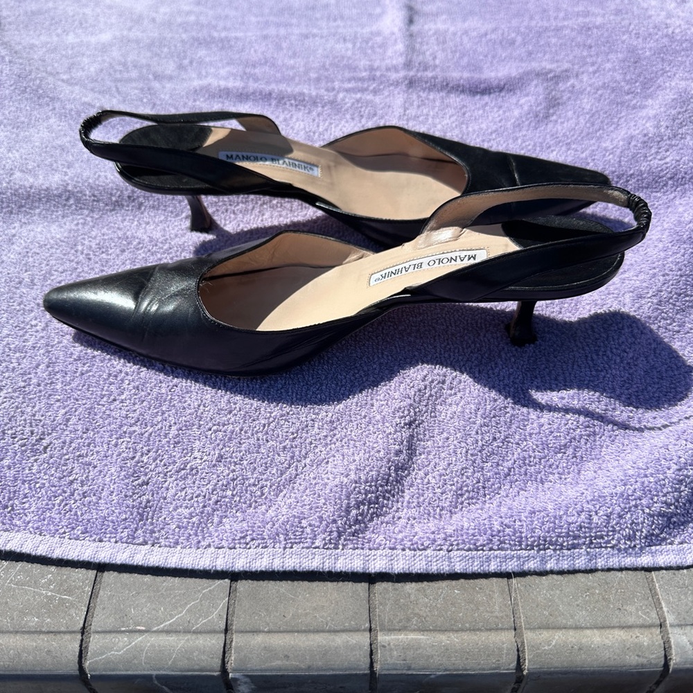 Manolo Blahnik kitten heel. 2 inch Black Leather Slingback Heels